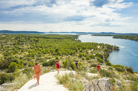 Sibenik, Croatia, June 26 2018, Beautiful sunny day in Dalmatia, Nice outdoors and landscape photo of warm summer season at Adriatic Sea. Calm, peaceful and happy image.のeditorial素材