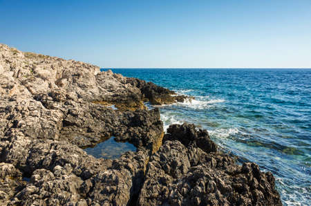 Beautiful nature and landscape photo of sunny summer day at Adriatic Sea in Dalmatia, Croatia, Europe. Nice outdoors at Mediterranean coast. Calm, peaceful and happy picture.の写真素材