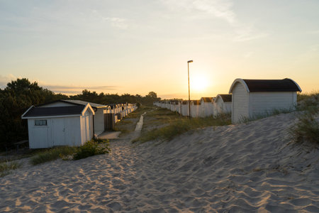 Falsterbo, Skane, Sweden - 06 20 2021 : Small cabins and houses at the beach on summer morning.のeditorial素材