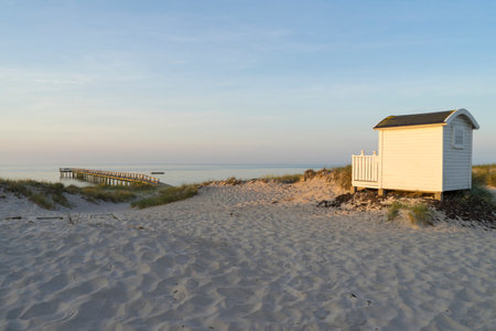 Falsterbo, Skane, Sweden - 06 20 2021 : Small cabins and houses at the beach on summer morning.のeditorial素材