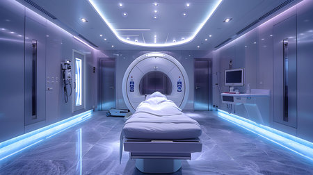 Modern MRI scanner room with blue lighting and a patient on the table