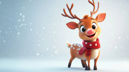 Cute animated reindeer with red scarf in snowfall.の写真素材