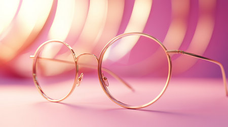 Elegant gold-rimmed glasses on a pink surfaceの写真素材