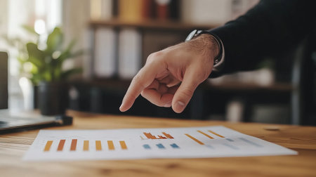 Hand pointing at business analytics document on deskの写真素材