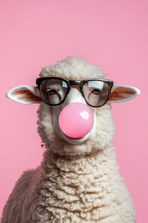 Fashionable sheep in glasses chewing bubble gum artの写真素材
