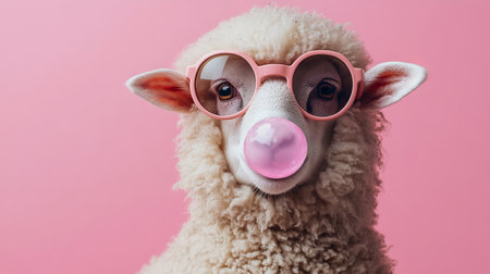 Sheep blowing bubble gum with stylish pink glassesの写真素材