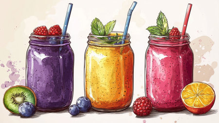 Colorful mason jar smoothies with fruit and herbsの写真素材