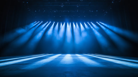 Blue stage lights casting beams in an empty theaterの写真素材