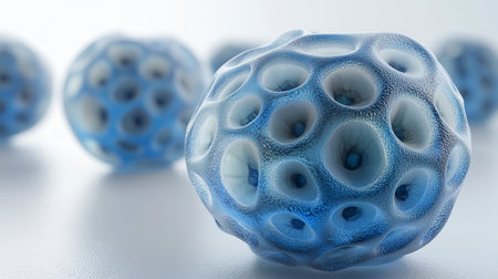 Blue spherical structure with open patterns close-up