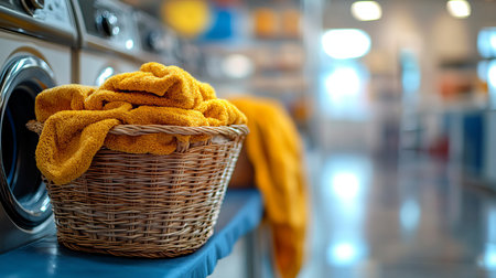 Laundry basket with fluffy vibrant yellow towelsの写真素材