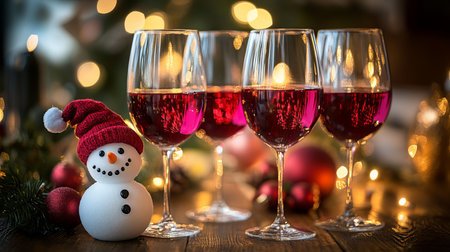 Festive red wine glasses with snowman decorationの写真素材