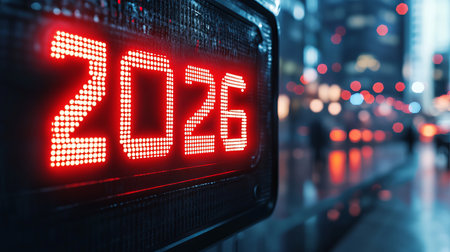 Futuristic urban scene featuring digital numbers 2026