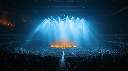 Vibrant concert arena with bright lights and audience