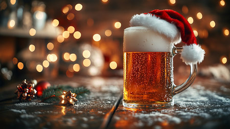 Festive beer with Santa hat and holiday decor lights.の写真素材