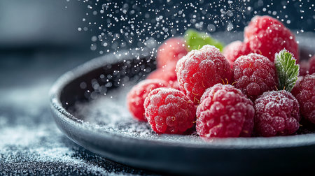 Fresh raspberries dusted with sugar in close-up shot