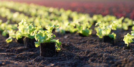 Fresh lettuce seedlings grow in a vegetable field under sunlight during early morning hours