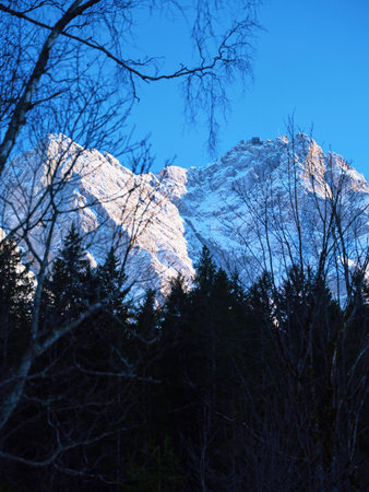 Majestic snow-capped mountains rise above a winter forest under a clear blue sky in an early morning...