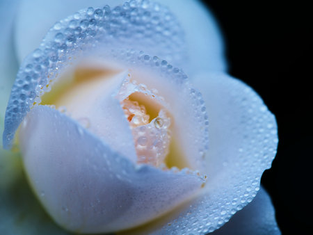 Close up view of a delicate white rose with dew drops captured in nature during early morning lightの写真素材
