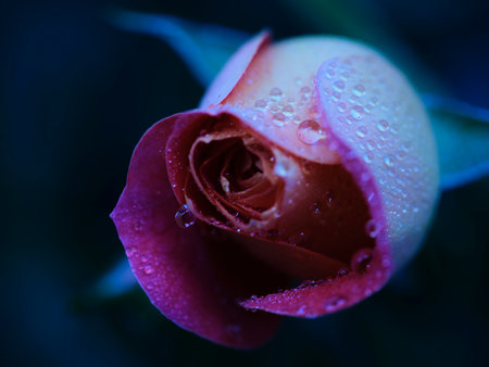 Dew-covered rose blooms in a dramatic display of colors in a garden at dawnの写真素材