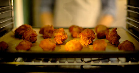 Baked Golden Snacks Steaming Hot, Delicious Golden Fried Snacks Positioned Inside Oven With Inviting Glowの写真素材