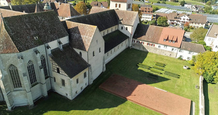 Historic Cloister With Gardens, Serene Historic Monastery With Terracotta Roofs And Scenic Viewsの写真素材