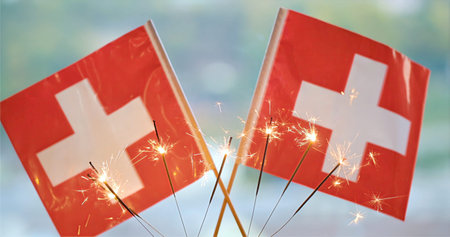 Festive Flags Sparkle, Celebration With Glowing Banners, Bright Festival Scene With Illuminated Handheld Flagsの写真素材