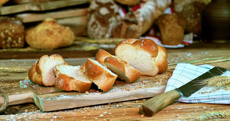 Freshly Sliced Loaves Arranged On Board Amidst Bustling Kitchen Activity And Scattered Flour