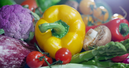 Fresh vegetables arranged on a table showing various colors and types being prepared for cooking in a kitchen settingの写真素材