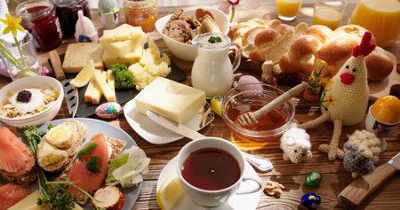 Breakfast spread with bread, cheese, fish, and eggs on a wooden table at a sunny morning
