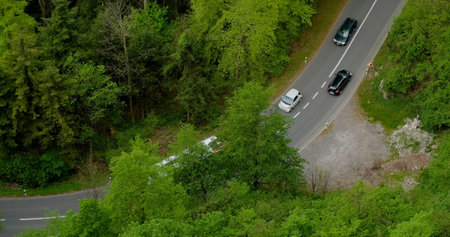 Cars drive on a winding road surrounded by green trees in a rural area during daytime