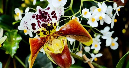 Bright orchids and small white flowers bloom in a garden during springtimeの写真素材