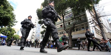 SALVADOR, BAHIA / BRAZIL - September 7, 2016: Military policemen from Bahia are seen during Civic-Military Parade on the date of Brazil's Independence.のeditorial素材