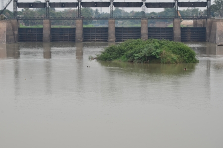 small island behind damの写真素材