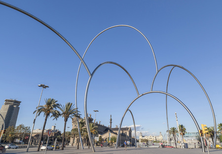 BARCELONA,SPAIN-OCTOBER 15,2012: Urban art, sculpture Onades (waves) by artist Andreu Alfaro, Port of Barcelona.のeditorial素材