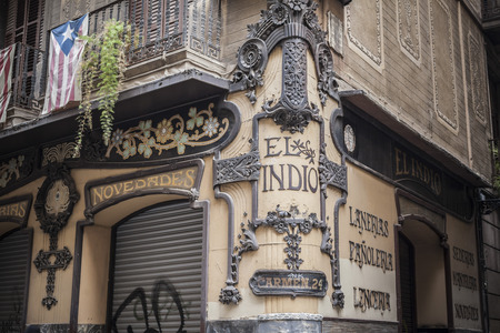 BARCELONA,SPAIN-FEBRUARY 4,2015: Artistic facade, modernist style, store El Indio, El Raval quarter, Barcelona.のeditorial素材