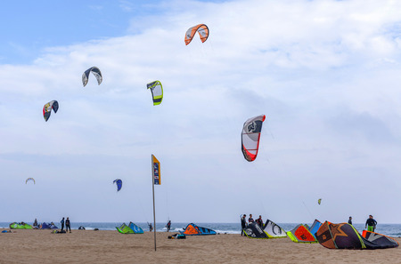 CASTELLDEFELS,SPAIN-MARCH 22,2014: Kitesurf in mediterranean beach of Castelldefels, province Barcelona,Catalonia.のeditorial素材