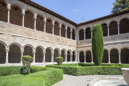 RIPOLL,SPAIN-MAY 14,2012: Cloister monastery benedictine romanesque style, Monestir Santa Maria de...