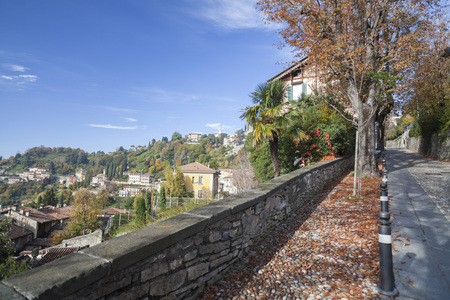 Landscape view around the city of Bergamo from Borgo Canale in Citta Alta, Italy.のeditorial素材