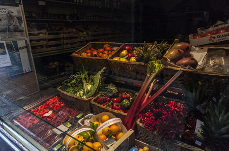 BERGAMO,ITALY-NOVEMBER 11,2015: Food store in CittÃ  Alta, Bergamo.のeditorial素材