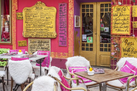 PALMA DE MALLORCA,SPAIN-JANUARY 13,2016: Street view, colored bar, terrace, Bar Coto,historic center of Palma, Balearic Islands.のeditorial素材