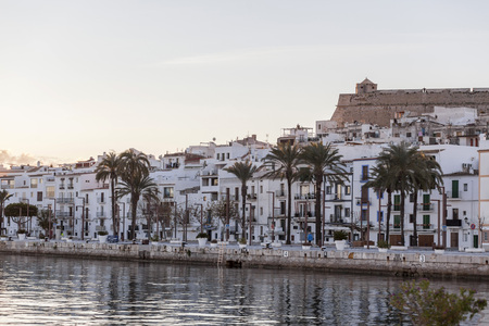 IBIZA-EIVISSA,SPAIN-JANUARY 19,2016: General city view and port at dawn,Ibiza, Balearic Islands.のeditorial素材