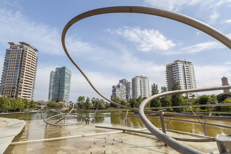 BARCELONA,SPAIN-MAY 5,2015: Modern buildings in Diagonal mar quarter and Park, Parc Diagonal Mar, by Enric Miralles and Benedetta Tagliabue. Barcelonaのeditorial素材