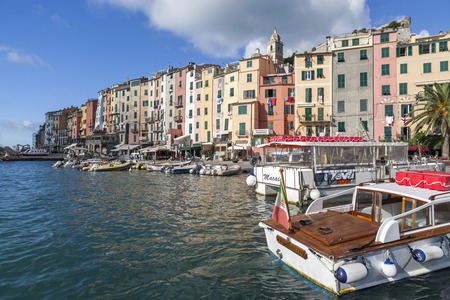 PORTOVENERE,ITALY- SEPTEMBER 19, 2013: Colored houses and port in front maritime of ligurian village of Portovenere.のeditorial素材