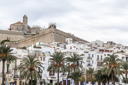 IBIZA-EIVISSA,SPAIN-JANUARY 18,2013: City view, historic center, houses and walled enclosure of the old town.のeditorial素材
