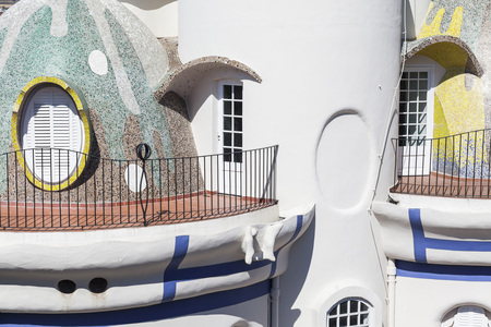 SANT JOAN DESPI,SPAIN- JULY 18,2016: Architecture, modernist style, Torre de la Creu or Torre Dels Ous, by Josep Maria Jujol Gibert. Sant Joan Despi, Province Barcelona, Catalonia.のeditorial素材