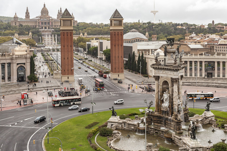BARCELONA,SPAIN-SEPTEMBER 30,2015: General view of Espana quarter and montjuic hill. Barcelona.のeditorial素材