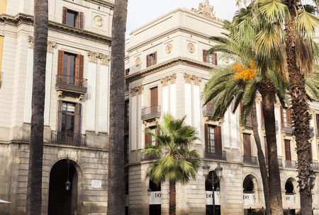 BARCELONA,SPAIN-AUGUST 31,2015: Plaza Real, detail facade buildings,close to famous Ramblas this square is a point touristic of the city.のeditorial素材