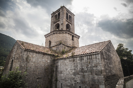 CAMPRODON,SPAIN-JULY 13,2015: Architecture, religious building, Monastery, Monestir Sant Pere, romanesque style, Camprodon, ripolles comarca region, province girona, Catalonia.のeditorial素材