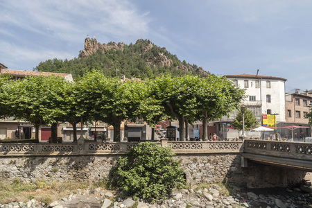 RIBES DE FRESER,SPAIN-JULY 13,2015: Village view, bridge and Freser river in Ribes de Freser, province Girona, Catalonia.のeditorial素材