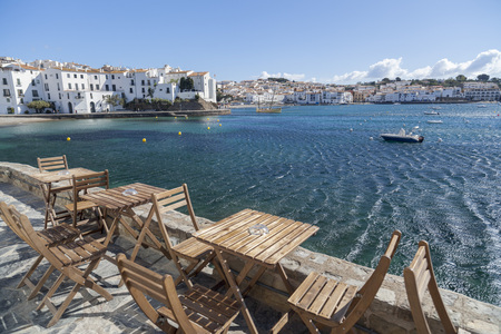 CADAQUES,SPAIN-MAY 21,2015: Village view, terrace bar, bay, mediterranean village, Cadaques,Costa Brava,province Girona, Catalonia.のeditorial素材